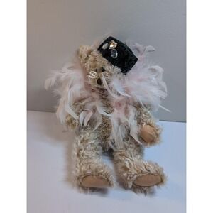 Polly's Kin ~ Beulah Mae Teddy Bear w/‎ Feathers, Pearls, Glitter Ball, & Tag